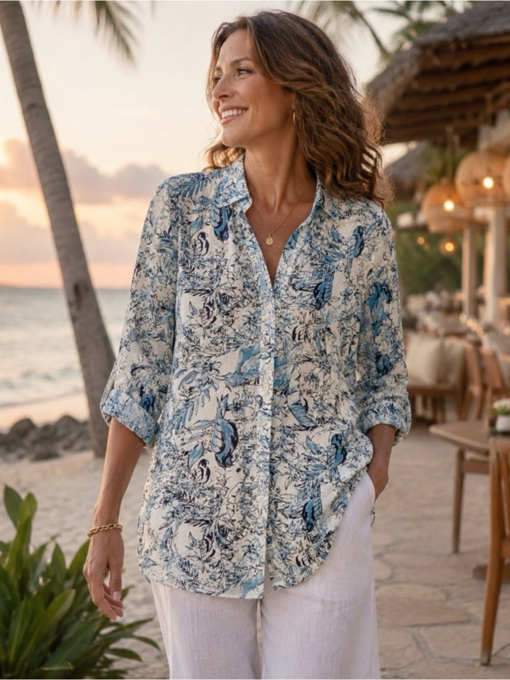 Tahari Women’s Blue Tropical Floral Birds Button-Down Linen Tunic Top Sz L